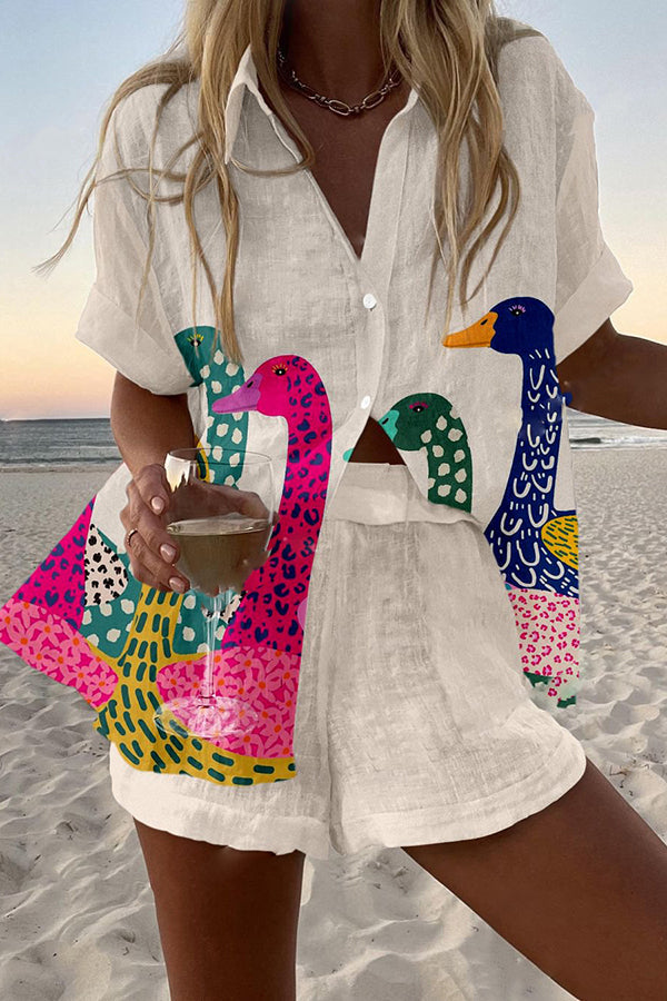 Colorful Duck Print Loose Button Elastic Waist Shorts Set