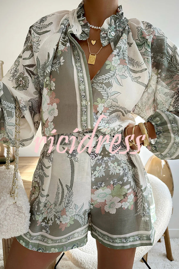 Botanical Print Palace Style Stand-up Collar Lantern Sleeve Loose Top and Casual Shorts Set