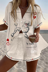 Poodle Print Loose Button Elastic Waist Shorts Set