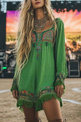 Unique Printed V-Neck Long Sleeve Loose Casual Mini Dress