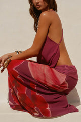 Sexy Deep V Backless Draped Camisole Top and Floral Print Chiffon Maxi Skirt Set