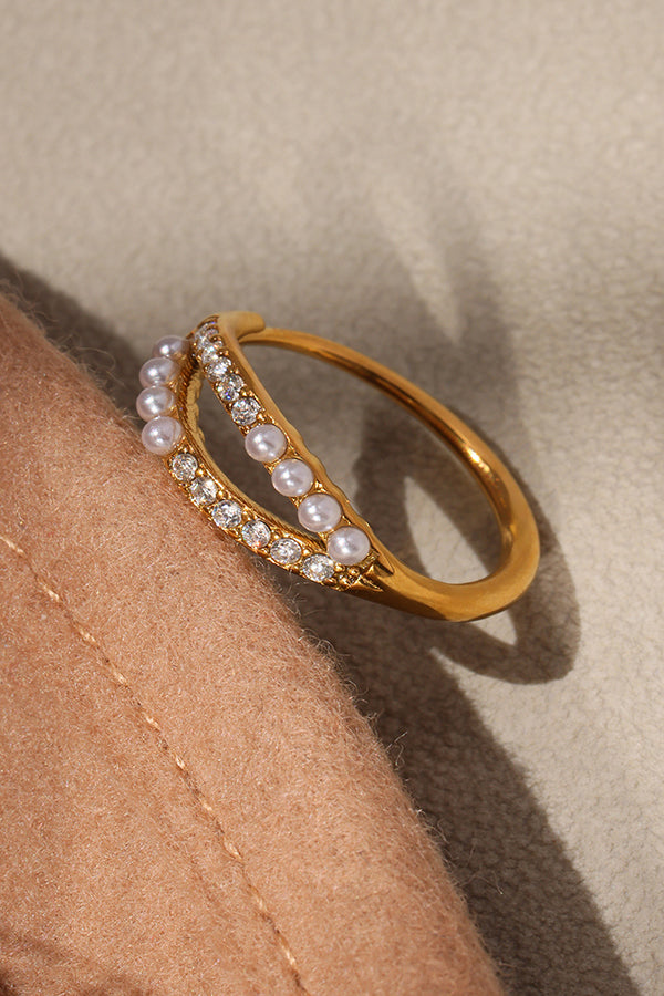 Fashionable Double-layer Inlaid Rhinestone Pearl Ring
