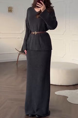 Solid Color Long-sleeved V-neck Casual Knitted Sweater and Elegant Maxi Skirt Set