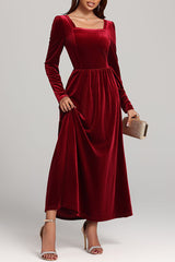 Solid Color Velvet Square Neck Long Sleeve Elegant Maxi Dress