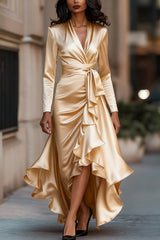 Solid Color Satin V-neck Long-sleeved Elegant Ruffled Maxi Dress