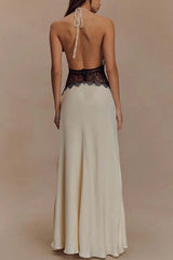 Seductive Details Satin Lace Waist Halter Tie-up Backless Maxi Dress