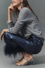 New Year Eve Sequin Feather Trim High Rise Back Zipper Flare Pants