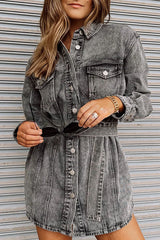 Vintage Belted Single Breasted Pocket Denim Mini Dress