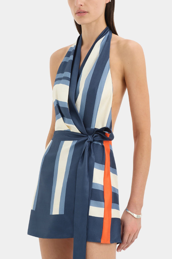 Summer Striped Print Halter Neck Backless Tie Mini Dress