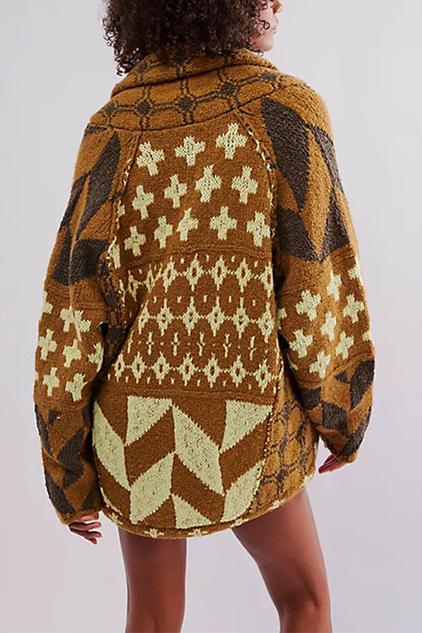 Unique Pattern Lapel Loose Long-sleeved Knitted Sweater