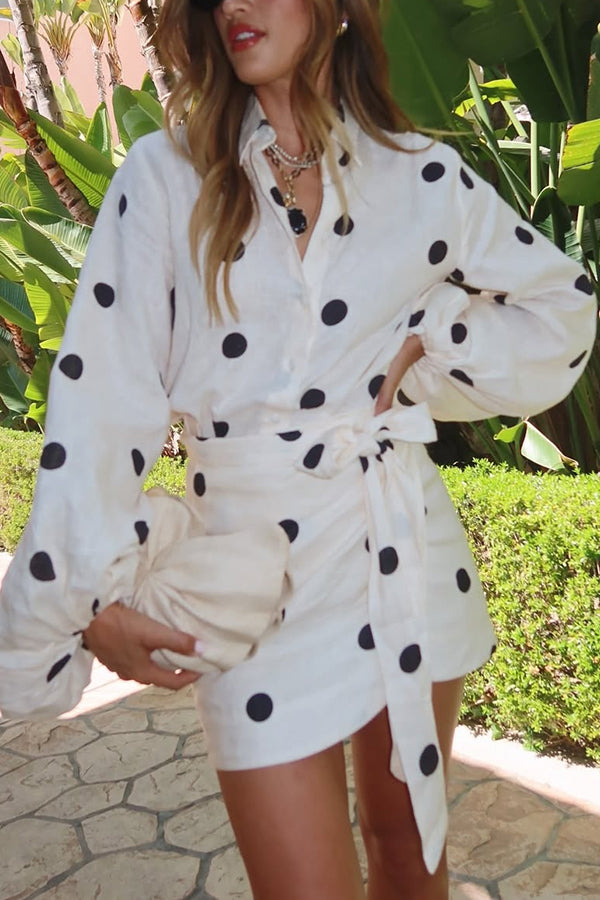 Effortlessly Linen Blend Polka Dot Balloon Sleeve Blouse and Wrap Tie-up Loose Mini Skirt Set