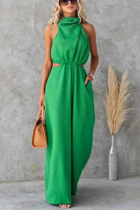 Elyssa High Neck Cutout Elastic Waist Pocketed Wide Leg Jumpsuit