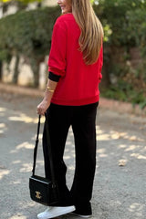 Stylish Color-blocked V-neck Knitted Button-down Cardigan and Elastic Waist Casual Wide-leg Pants Set