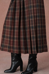 Yehudit Plaid Belt Buckle Design High Rise Pocket Midi Umbrella Skirt