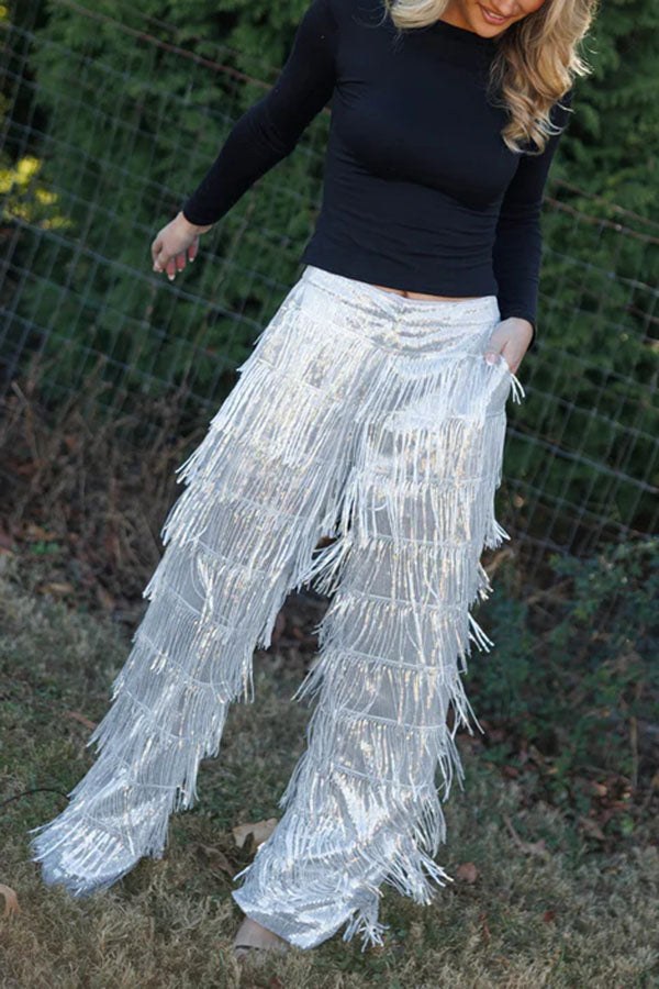 Music Festival Sequin Layered Tassels Mid Rise Pocket Loose Party Pants