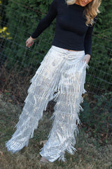 Music Festival Sequin Layered Tassels Mid Rise Pocket Loose Party Pants