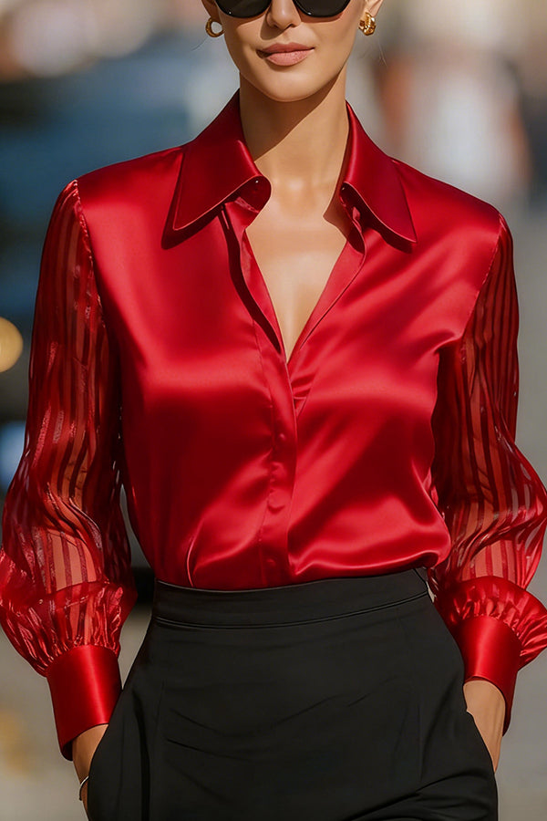 Solid Color Satin Loose-fitting See-through Long-sleeved Casual Shirt