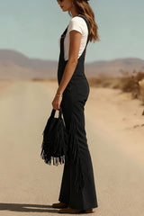 Stylish Suede Tassel Button Pocket Casual Wide-leg Overalls