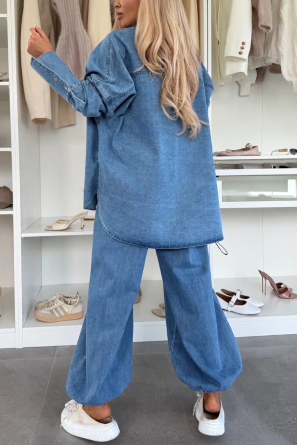 Stylish Denim  Button Down Long Sleeve Pocket Oversized Blouse