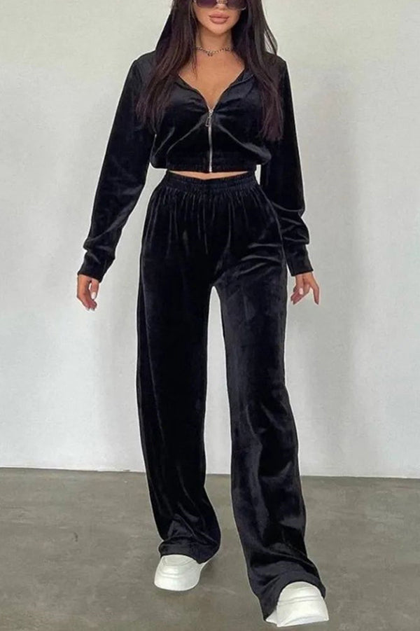 Solid Color Velvet Long-sleeved Zip-up Sweatshirt and Elastic Waist Casual Pocket Straight-leg Pants Set