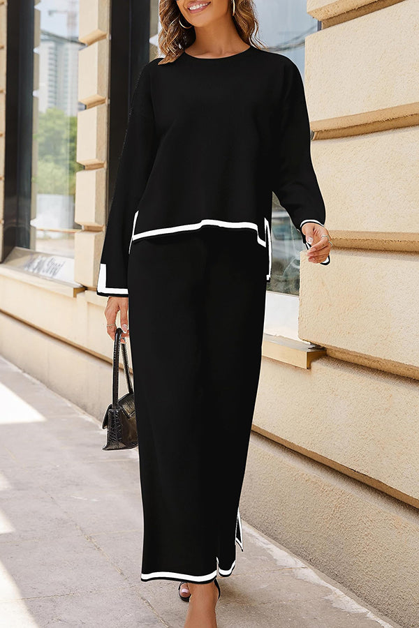 Tanming Long Sleeved Knitted and Wide Leg Pants Two Piece Set