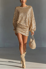 Glow Season Sequin Long Lantern Sleeve Ruched Hip Loose Mini Dress