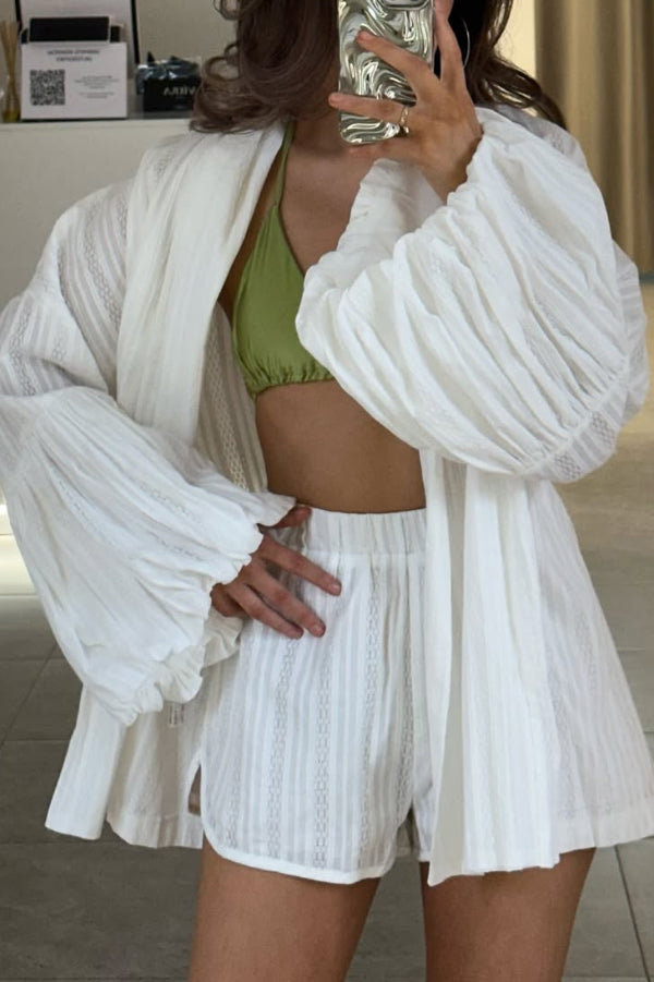 Solid Color Loose Long-sleeved Tie-front Top and Elastic Waist Casual Shorts Set