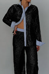Fashion Sequined Loose Long-sleeved Shirt and Casual Elastic Waist Wide-leg Pants Set