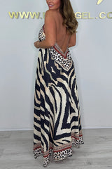 Unique Print V-neck Open Back Loose Maxi Dress