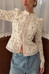 Fashion Hollow Lace Stand Collar Long Sleeve Slim Shirt