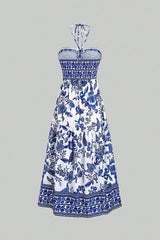 Bohemian Holiday Style Unique Print Halter Neck Tie Slit Midi Dress