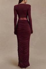 Sexy See-through Long-sleeved V-neck Pleated Slim-fit Maxi Dress