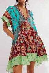 Bohemian Printed Casual Short Sleeve Ruffled Mini Dress