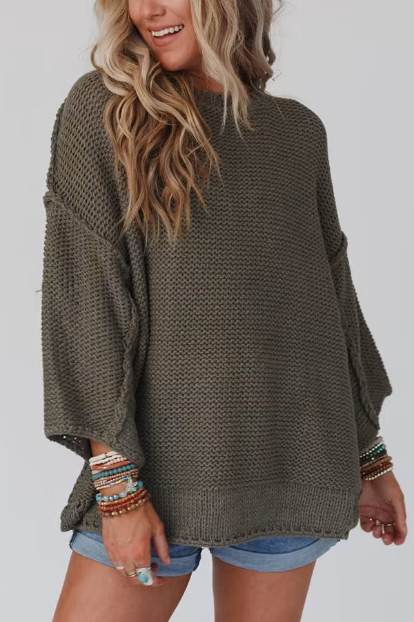 Solid Color Loose Round Neck Long Sleeve Casual Knitted Sweater