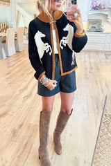 Stylish White Horse Pattern Casual Long-sleeved Knitted Cardigan