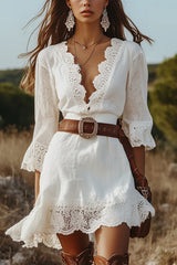 Solid Color V-neck Lace Trim Slim-fit Mini Dress