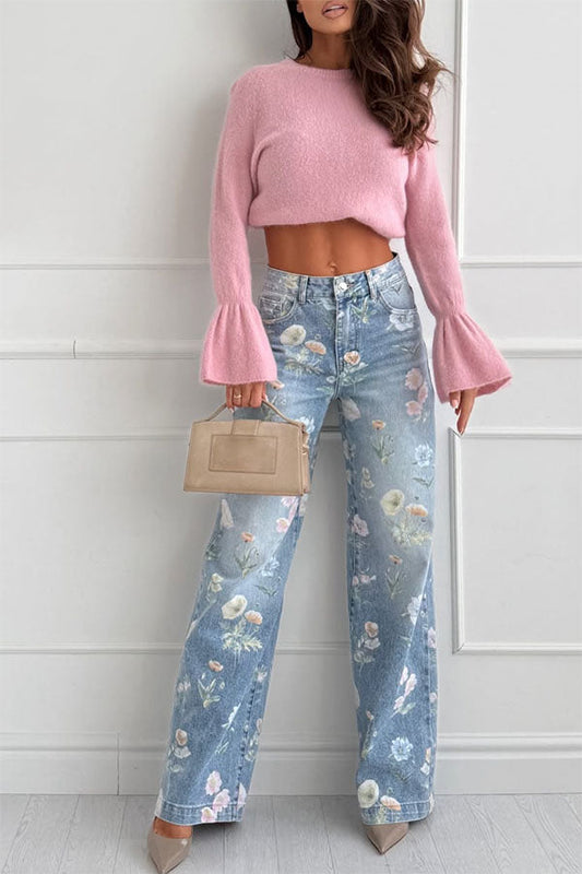 Spring Calling Denim Colorful Floral Print High Rise Pocket Straight Leg Jeans
