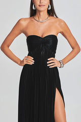 Metallic Sexy Tube Top Pleated High Slit Maxi Dress