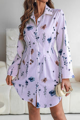 Floral Print Lapel Long Sleeve Button-Down Shirt Mini Dress