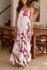 Botanical Print Halter Square Neck Pleated Loose Maxi Dress