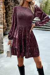 Elegant Velvet Round Neck Long Sleeve Mini Dress