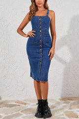 Fashionable Halter Backless Single-breasted Slim-fit Denim Midi Dress