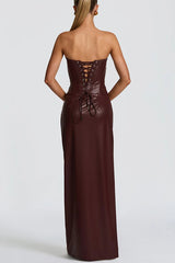 Alba Faux Leather Pleated Off Shoulder Neck Slit Stretch Maxi Dress
