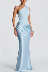Stylish One-shoulder Sleeveless Satin Draped Slim-fit Maxi Dress