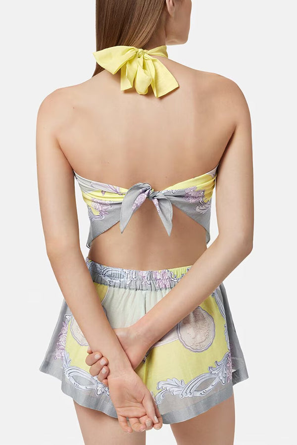 Amalfi Coast Satin Unique Print Scarf Top and Elastic Waist Pocket Loose Shorts Set
