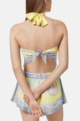 Amalfi Coast Satin Unique Print Scarf Top and Elastic Waist Pocket Loose Shorts Set