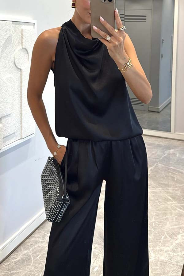 Classic on You Satin High Cowl Neck Top and Elastic Waist Pocket Loose Pants Set