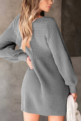 Solid Color V-neck Puff Sleeve Casual Knitted Mini Dress