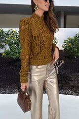 Palace Style Crochet Flower Lace Stand Neck Button Puff Sleeve Jacket