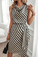 Unique Print Draped Front Neck Asymmetric Hem Mini Dress